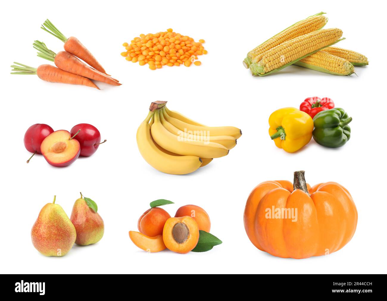 Set with many different fruits, vegetables and pile of lentils on white background Stock Photo