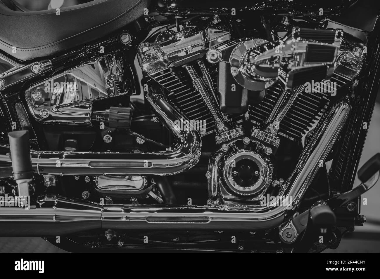 Chopper Motorcycle Engine High Performance, Artistic Luxury Design Street Bike Black and White. Stock Photo