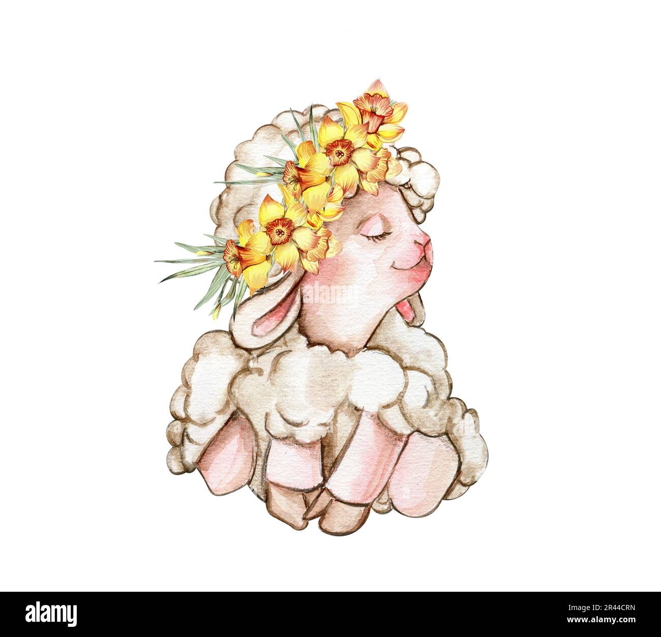 Watercolor white fluffy sheep with wreath made from yellow narcissus flowers on its head. Illustration of farm baby animal. Perfect for wedding invita Stock Photo