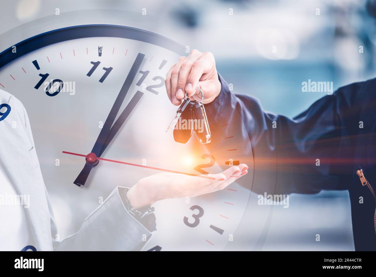 people giving car to hand overlay with time clock for times to repair service a car replace