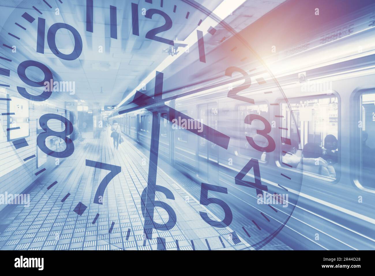 fast speed motion underground subway train overlay time clock for city