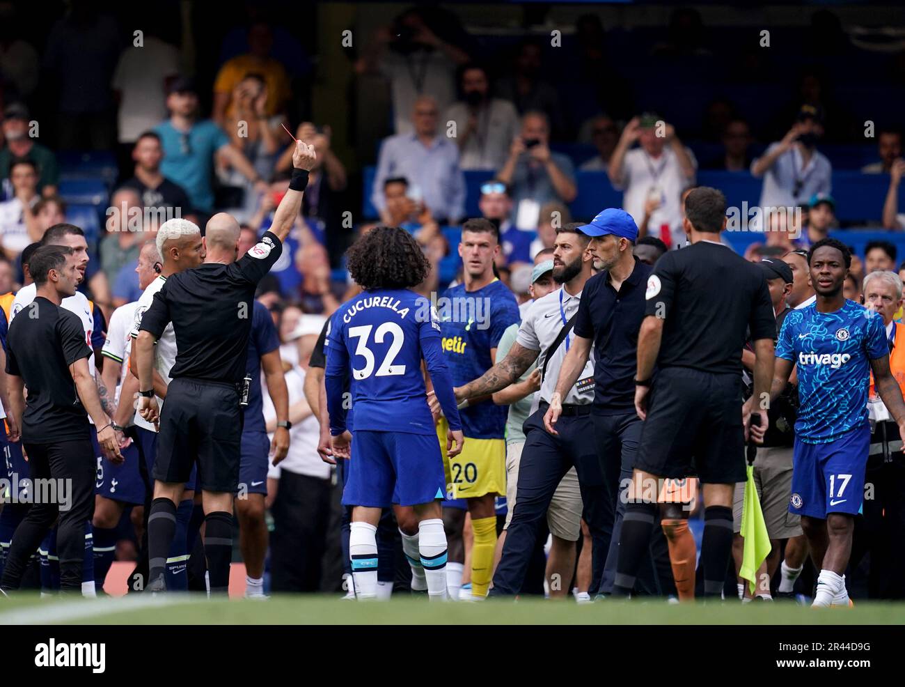 File photo dated 14-08-2022 of Chelsea manager Thomas Tuchel is sent off by referee Anthony Taylor. When Tottenham made the trip to rivals Chelsea on the second weekend of the season, the early talk was of both being able to challenge City but what transpired on a hot day in August was tempers boiling over between Antonio Conte and Thomas Tuchel. Issue date: Friday May 26, 2023. Stock Photo
