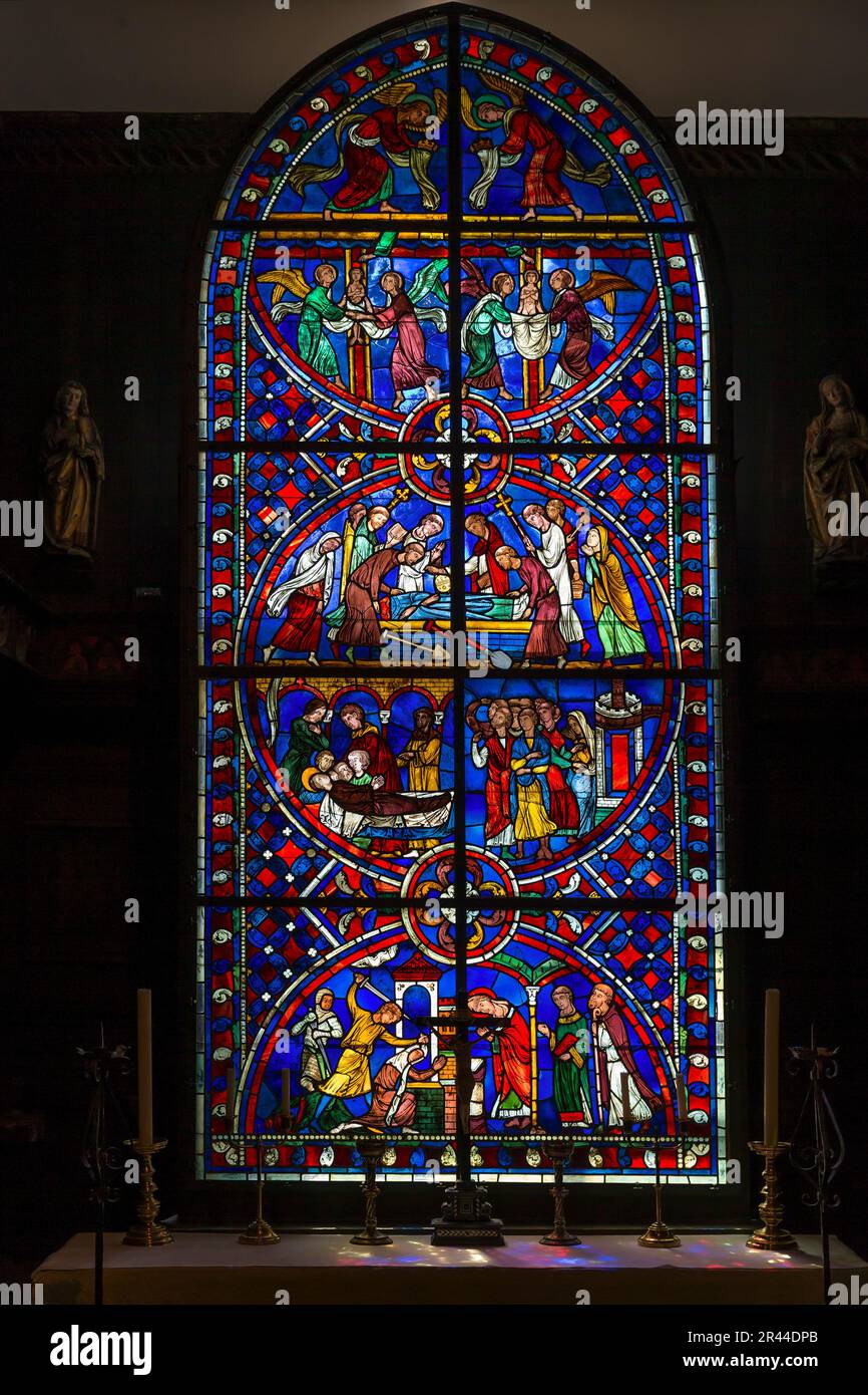 Stained Glass WIndow, Scenes from the Lives of Saint Nicasius and Saint Eutropia, circa 1205, Soissons Cathedral, Isabella Stewart Gardner Museum, Bos Stock Photo