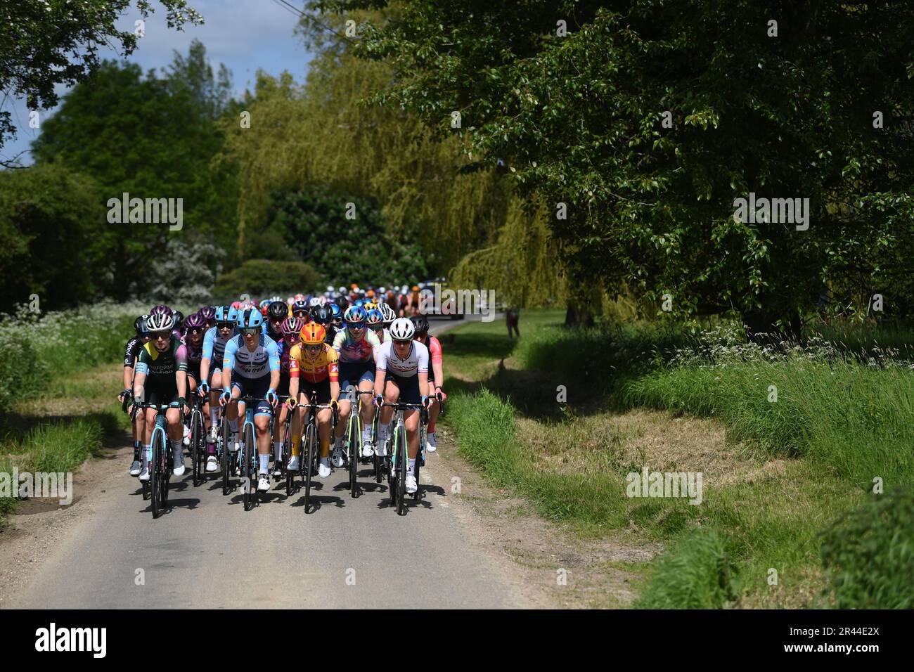 UCI Women's World Tour, Ford Ride London Classique, Friday 26 May: Stage One, Saffron Walden to Colchester. The front of the pack as they ride through the Essex countryside. Credit: Peter Goding/Alamy Live News Stock Photo