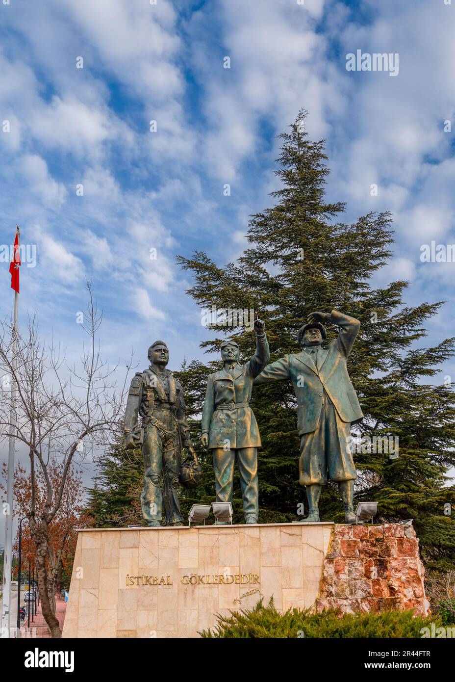 Merzifon, Amasya, Turkey - November 27, 2022: The Ataturk Statue view. The Statue composition is about aviation and 'The future is the sky' written on Stock Photo