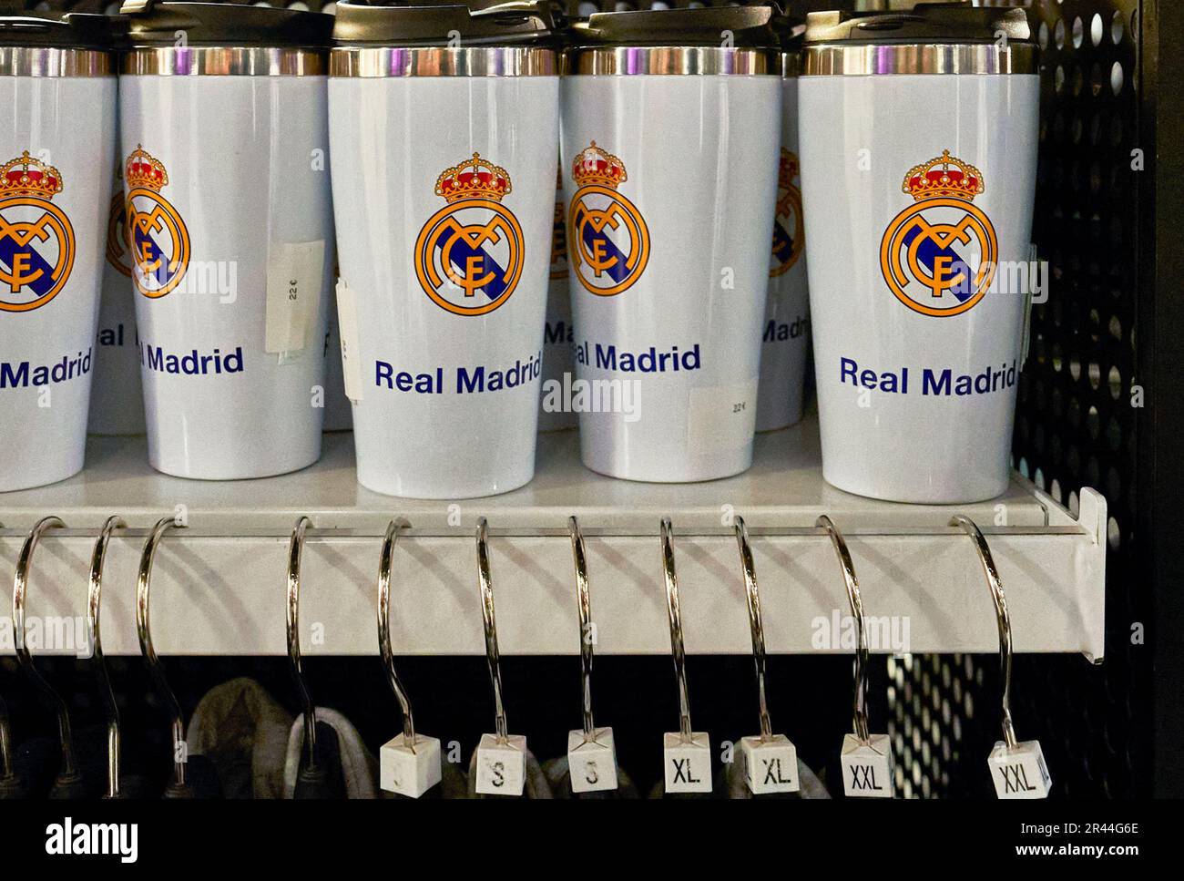 Souvenirs on sale in the official FC Real Madrid store at Santiago Bernabeu arena Stock Photo