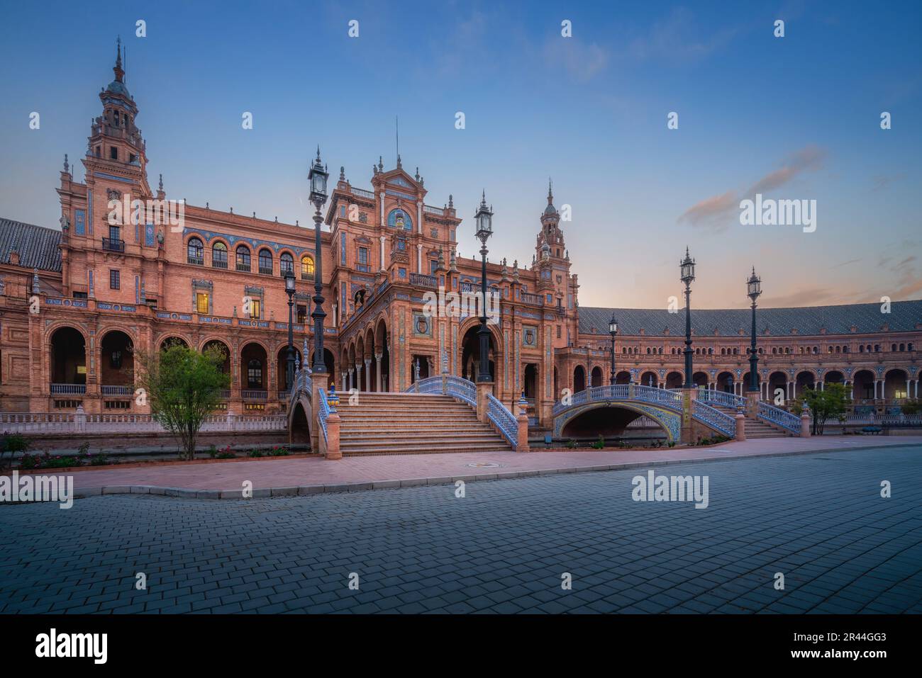 Plaza de Espana Central Building at sunrise - Seville, Andalusia, Spain Stock Photo