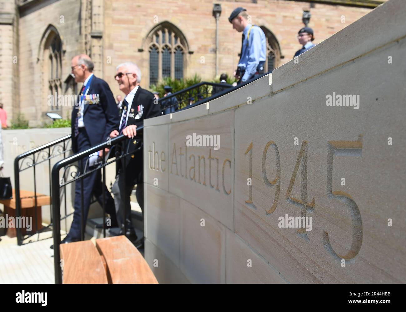 Veterans at the opening of the new national memorial and Garden of Reflection for the Battle of the Atlantic at Our Lady And St Nicholas's Church, Pier Head in Liverpool. Picture date: Friday May 26, 2023. Stock Photo