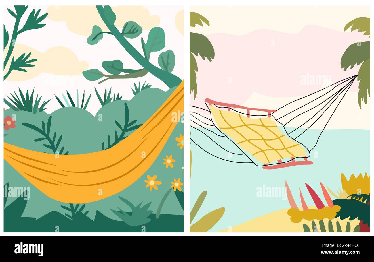 A picturesque place with hammocks. This illustration embodies the essence of summer vacation and relaxation, capturing the allure of nature. Concept vacation and happiness. . Vector illustration Stock Vector