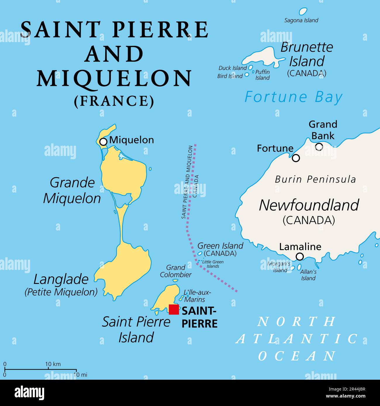 Saint Pierre and Miquelon, political map. Archipelago and self-governing territorial overseas collectivity of France in the North Atlantic Ocean. Stock Photo