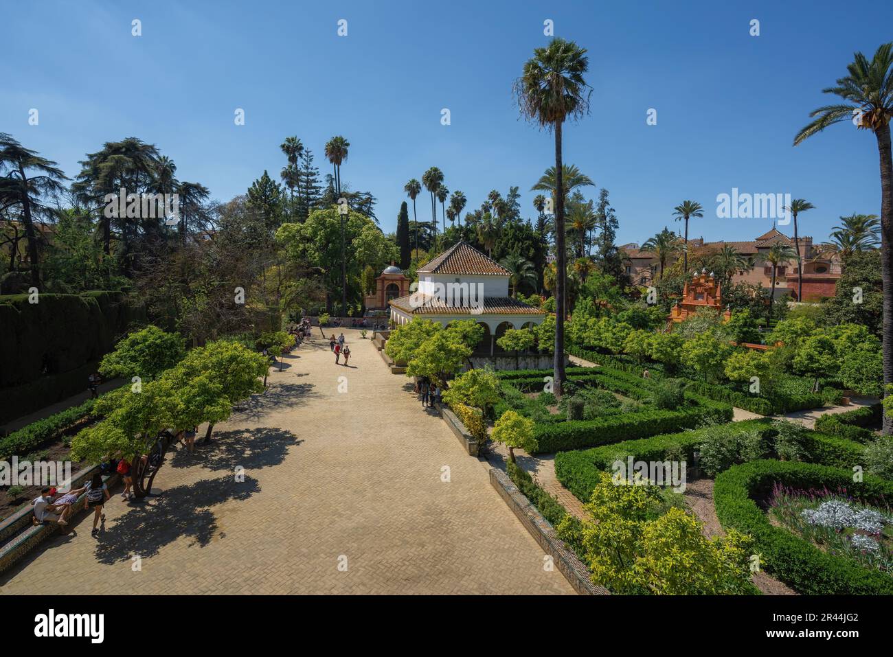 Garden of the Alcove (Jardin de la Alcoba) and Charles V Pavilion at Alcazar (Royal Palace of Seville) - Seville, Andalusia, Spain Stock Photo