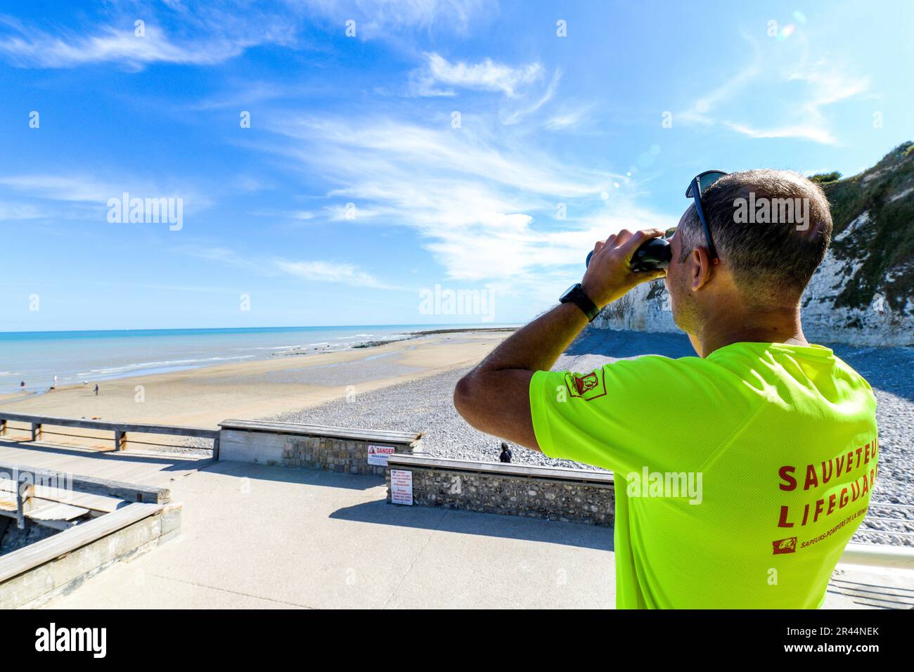 Lifeguard-fireman on the beach of Veules-les-Roses (Normandy, northern France) Stock Photo