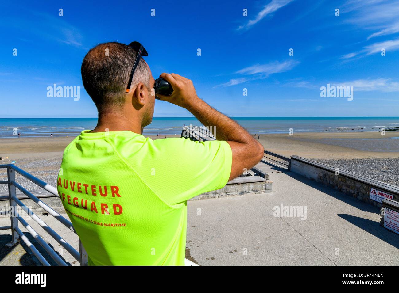 Lifeguard-fireman on the beach of Veules-les-Roses (Normandy, northern France) Stock Photo