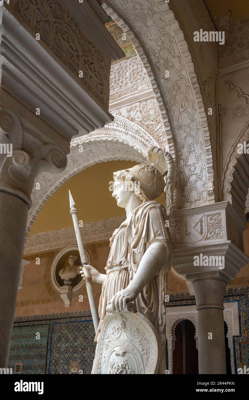 Pallas Athena Sculpture at Main Courtyard (Patio Principal) of Casa de Pilatos (Pilates House) Palace - Seville, Andalusia, Spain Stock Photo