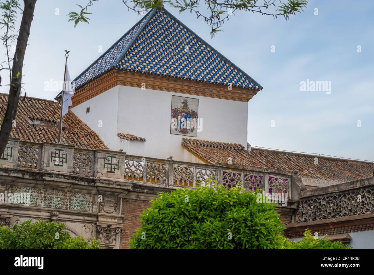 Tower of Casa de Pilatos (Pilates House) with duke of medinaceli coat of arms - Seville, Andalusia, Spain Stock Photo