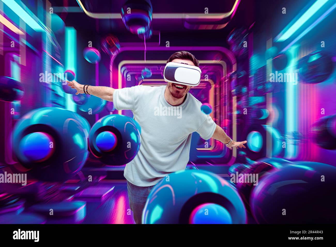 A man wearing a VR glasses is immersed in a futuristic digital ...