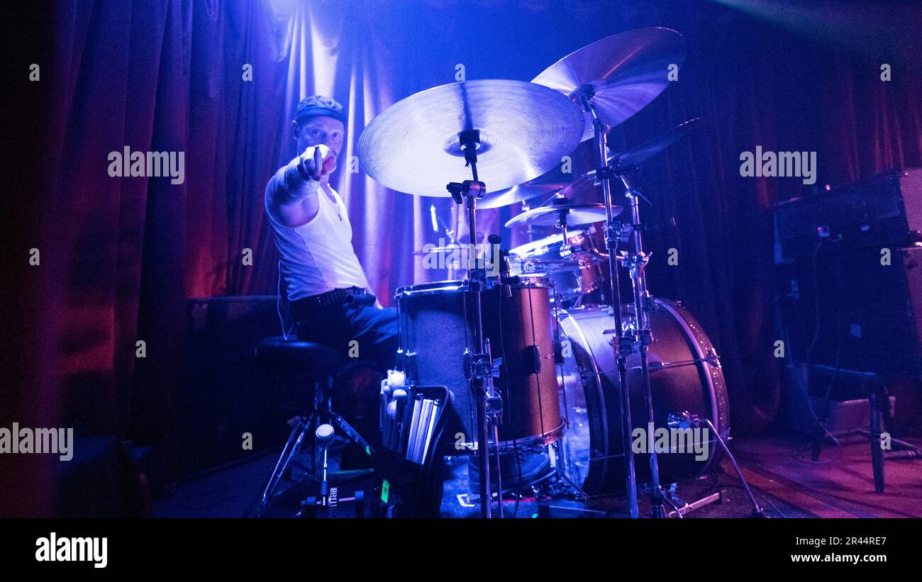The Quireboys band drummer, Pip Mailing, during his performance at Night and Day cafe, Northern Quarter, Manchester-Uk the last 18th of May, 2023. Stock Photo