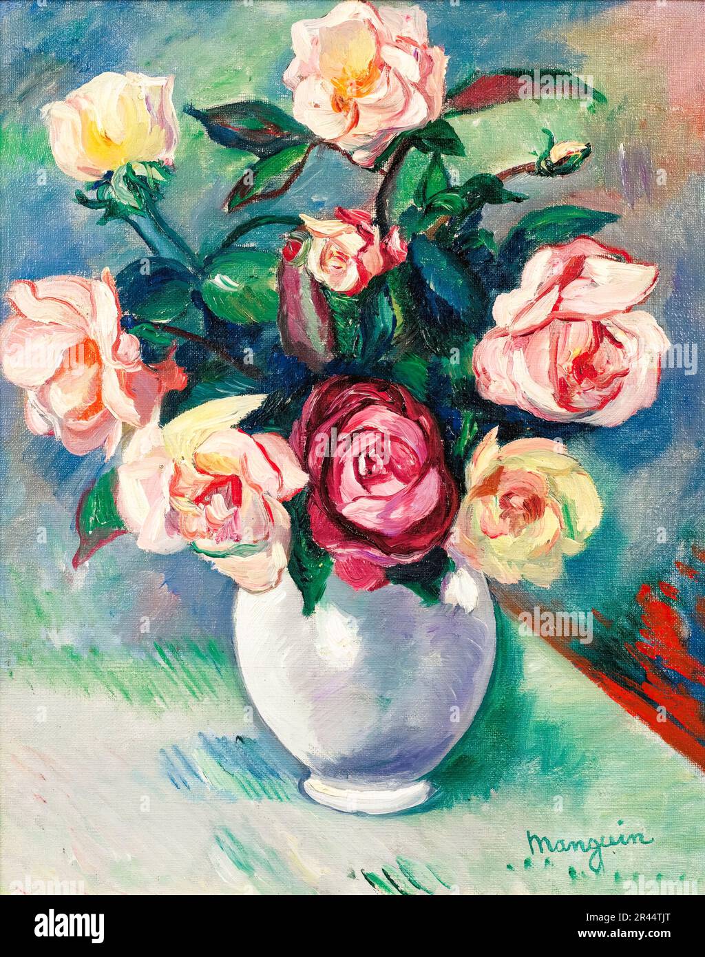 Henri Manguin, Bouquet Of Roses In A White Vase, still life painting 1912 Stock Photo