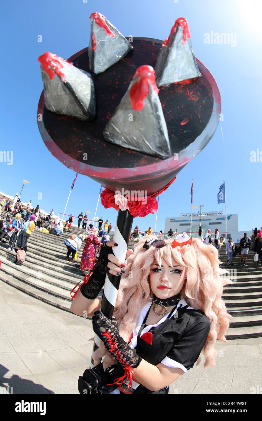 London, UK. 26th May, 2023. Participant dressed as Harley Quinn with a big hammer at MCM London Comic Con 2023 at Excel in London Credit: Paul Brown/Alamy Live News Stock Photo