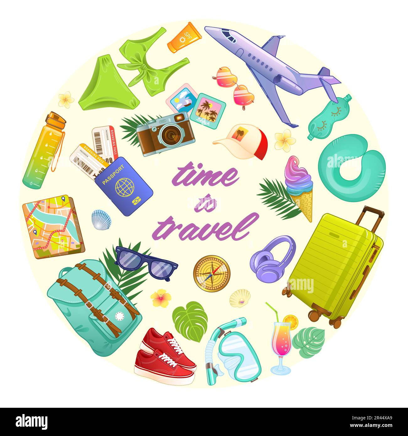 Vector illustrations of accessories for travel and tourism in cartoon