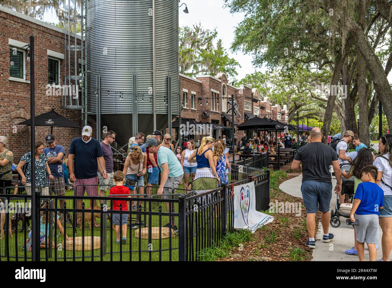 People gathered on a beautiful spring day outside of the Crooked Can
