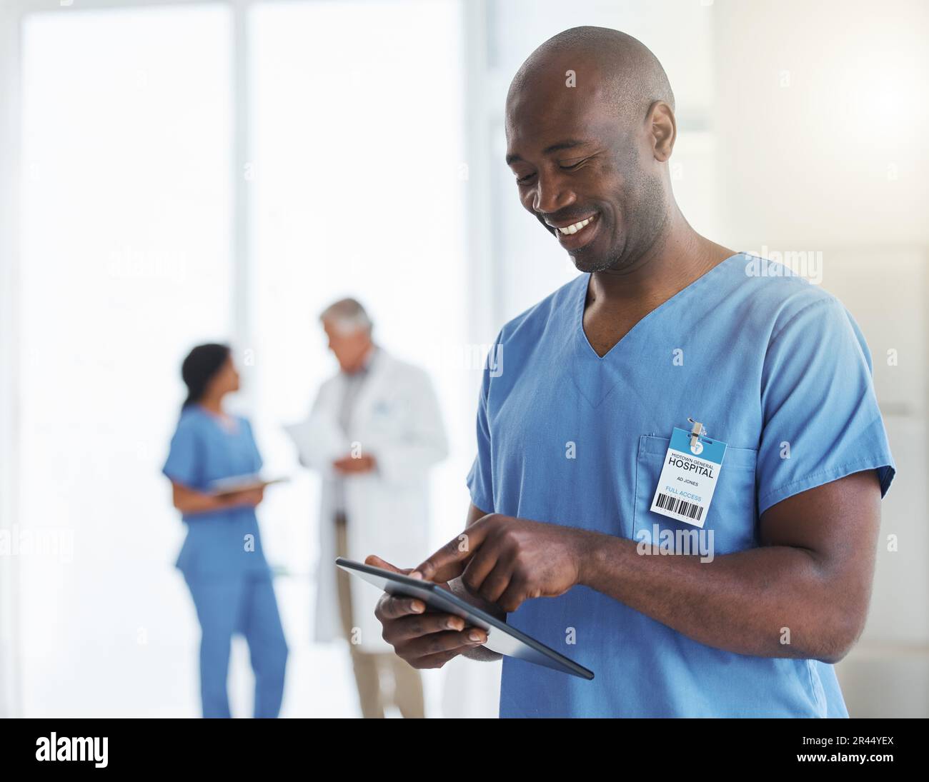 Smile, black man and nurse with tablet in hospital for research, telehealth  or healthcare. Technology, medical professional and African male doctor  Stock Photo - Alamy