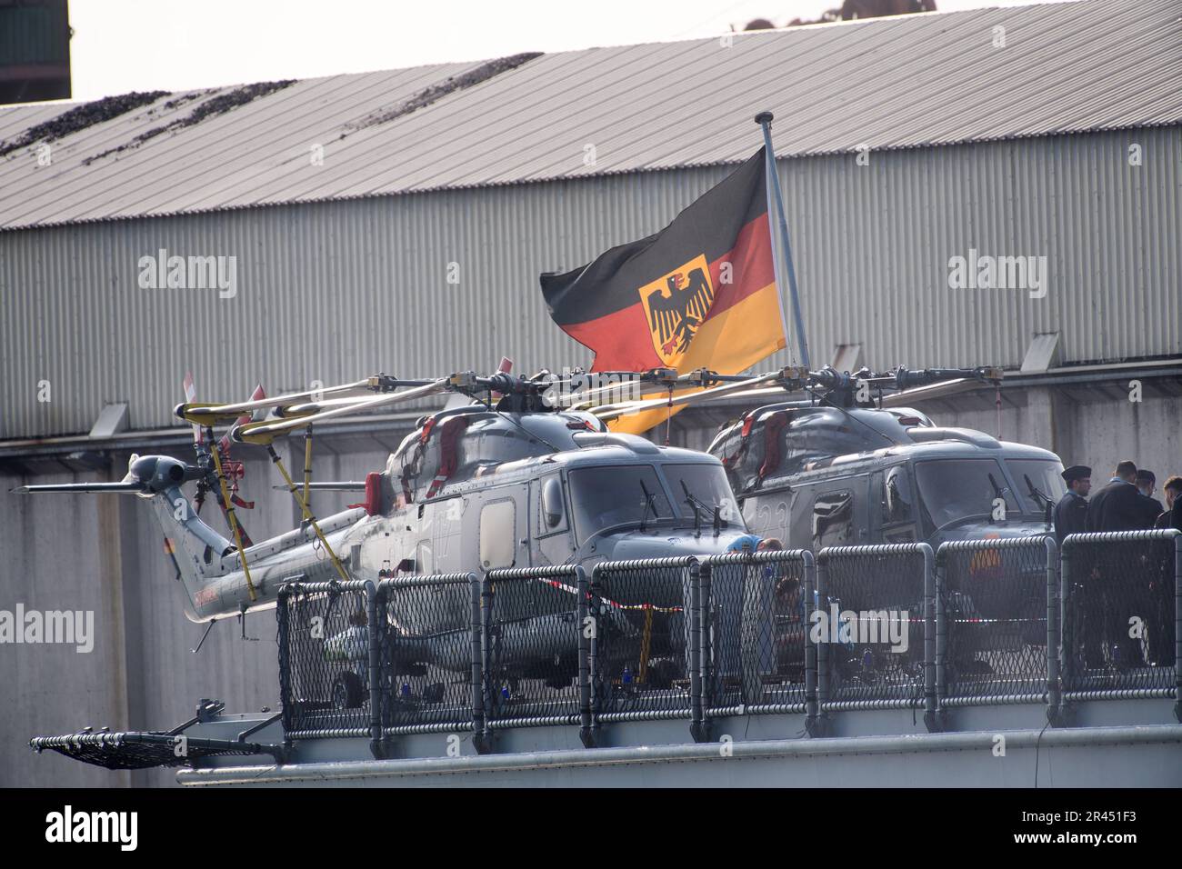 Gdynia, Poland. 26 May 2023. Two Sea Lynx helicopters of German Brandenburg-class frigate FGS Mecklenburg Vorpommern F218, a part of Standing NATO Maritime Group One SNMG1, arrived to port of Gdynia © Wojciech Strozyk / Alamy Live News Stock Photo