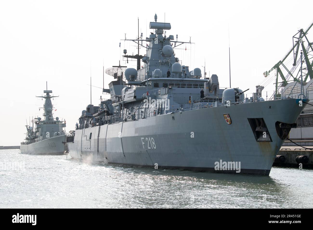Gdynia, Poland. 26 May 2023. German Brandenburg-class frigate FGS Mecklenburg Vorpommern F218, a part of Standing NATO Maritime Group One SNMG1, arrived to port of Gdynia © Wojciech Strozyk / Alamy Live News Stock Photo