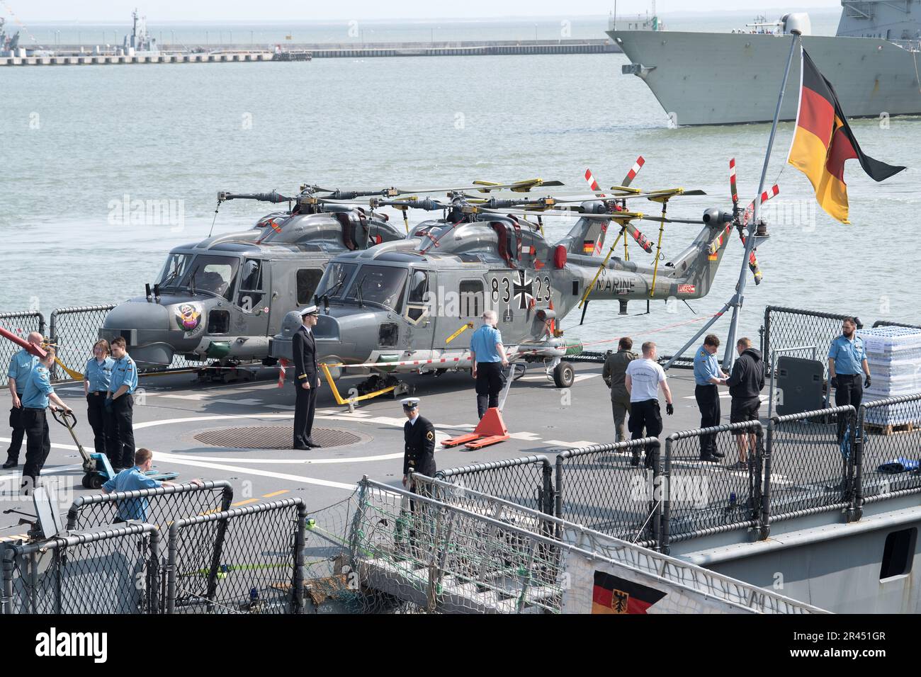 Gdynia, Poland. 26 May 2023. Two Sea Lynx helicopters of German Brandenburg-class frigate FGS Mecklenburg Vorpommern F218, a part of Standing NATO Maritime Group One SNMG1, arrived to port of Gdynia © Wojciech Strozyk / Alamy Live News Stock Photo