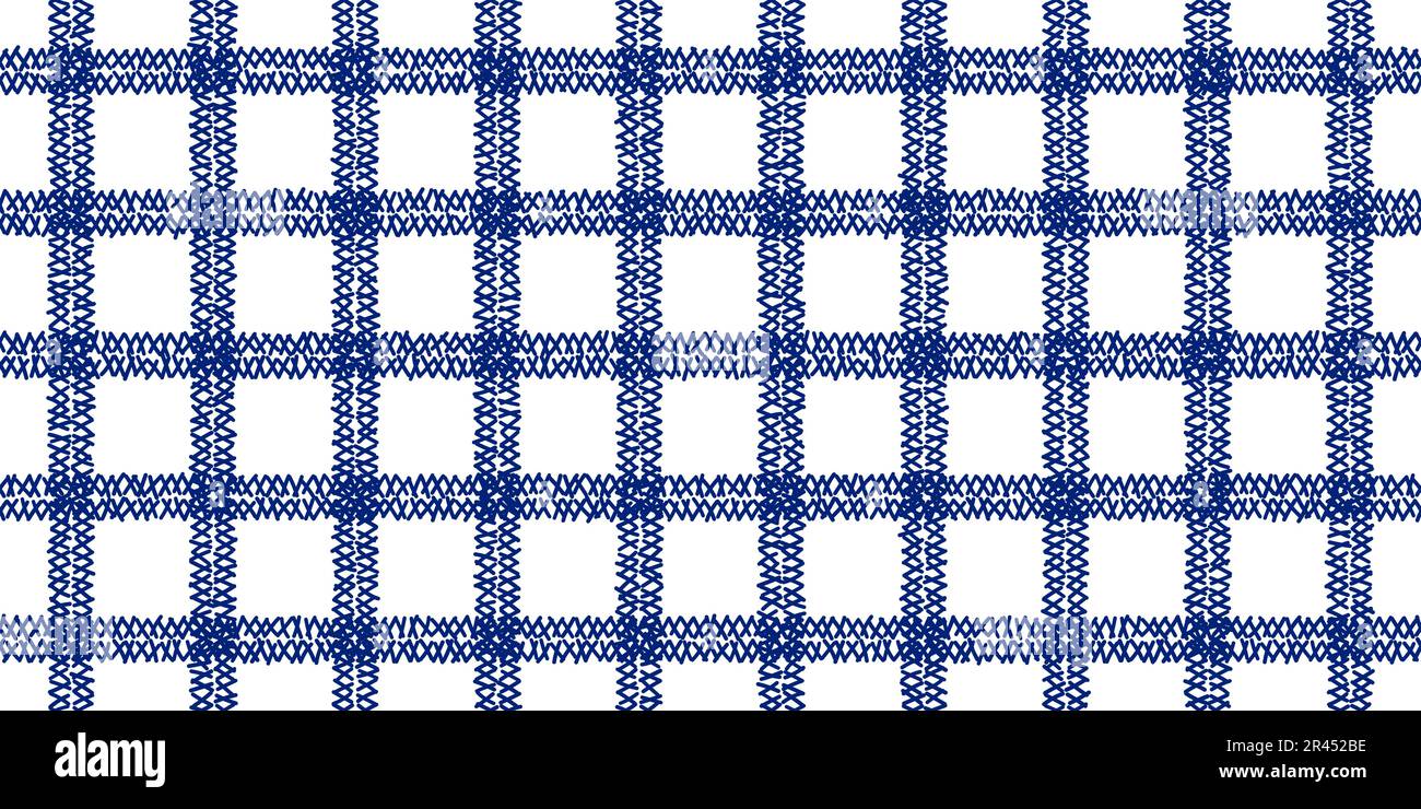 Windowpane plaid blue and white seamless pattern with double sketchy lines. Wool suit fabric. Elegant masculine design. Simple monochrome background. Stock Vector