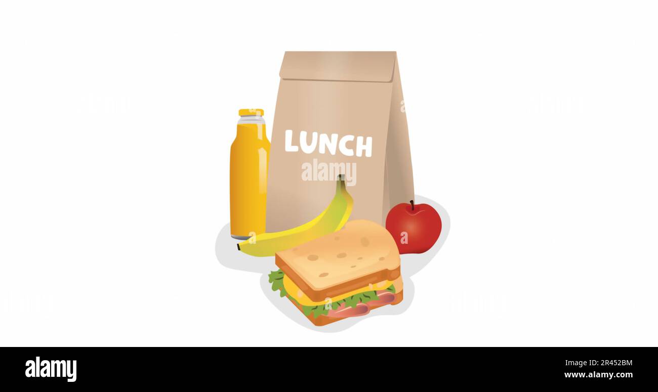 Illustration of school lunch bag with sandwich, fruit and juice on