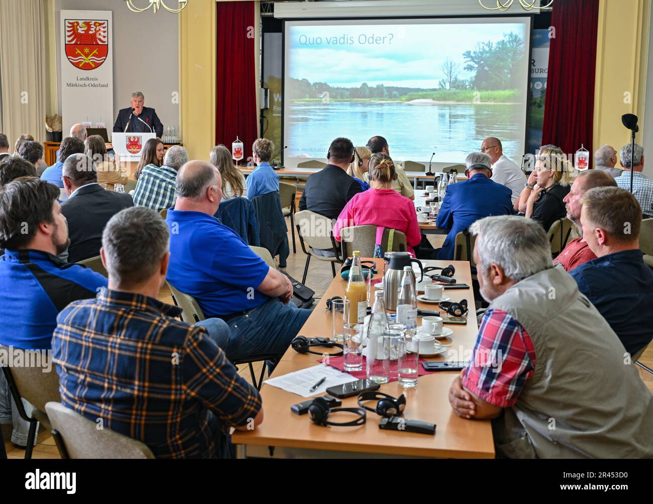 Seelow, Germany. 26th May, 2023. Gernot Schmidt (SPD), District Administrator of the Märkisch-Oderland district, speaks at the Oder Conference 'Quo vadis Oder?' on the German-Polish Oder River. The environmental disaster on the Oder River in the summer of 2022 continues to preoccupy many politicians, scientists and fishermen in Germany and Poland. Credit: Patrick Pleul/dpa/Alamy Live News Stock Photo