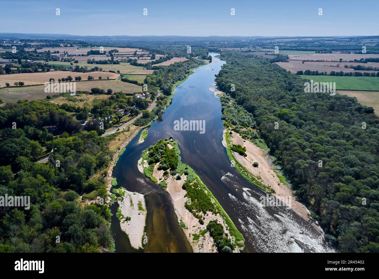 The Allier headland, confluence of the River Loire and River Allier at Cuffy. Sandbanks and natural landscape Stock Photo