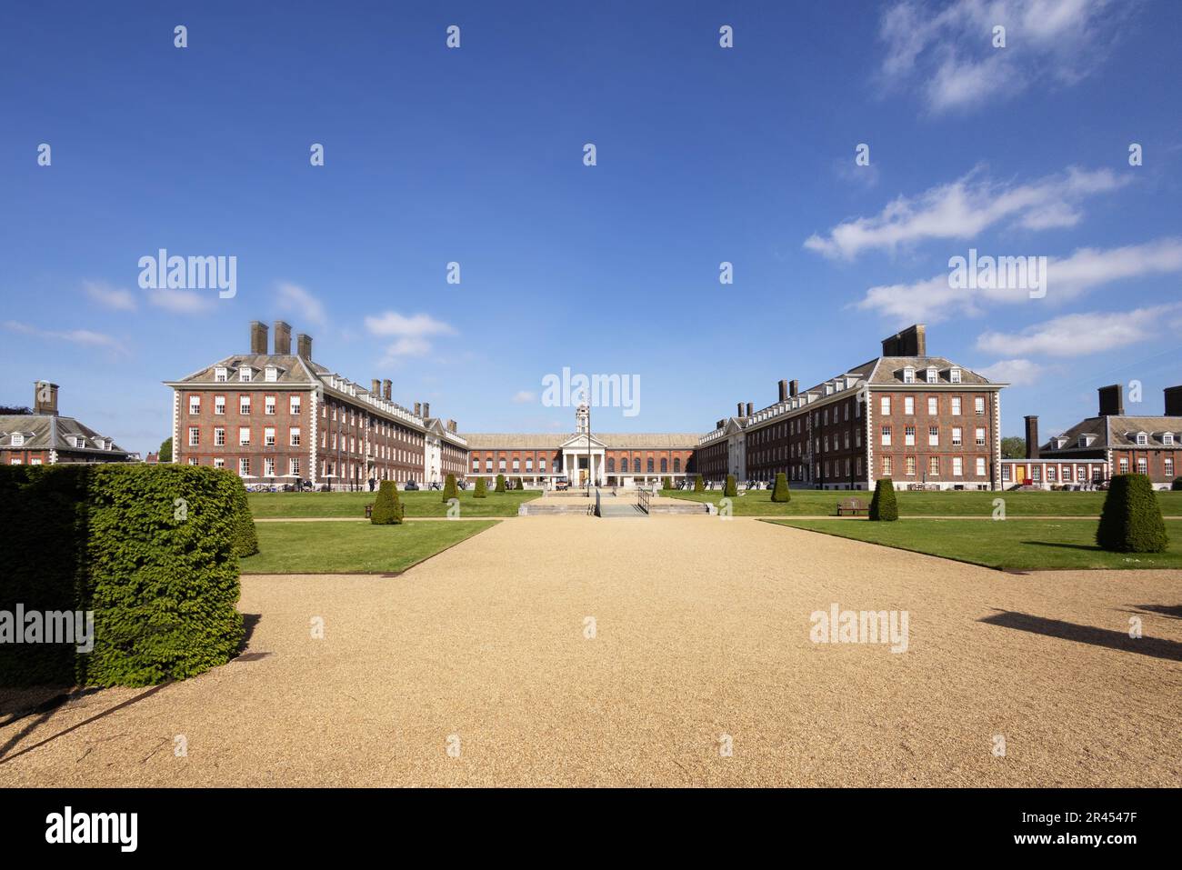 The Royal Chelsea Hospital - view from the front, The Royal Hospital Chelsea with sunshine and blue sky, home to the British Army Veterans, London UK Stock Photo