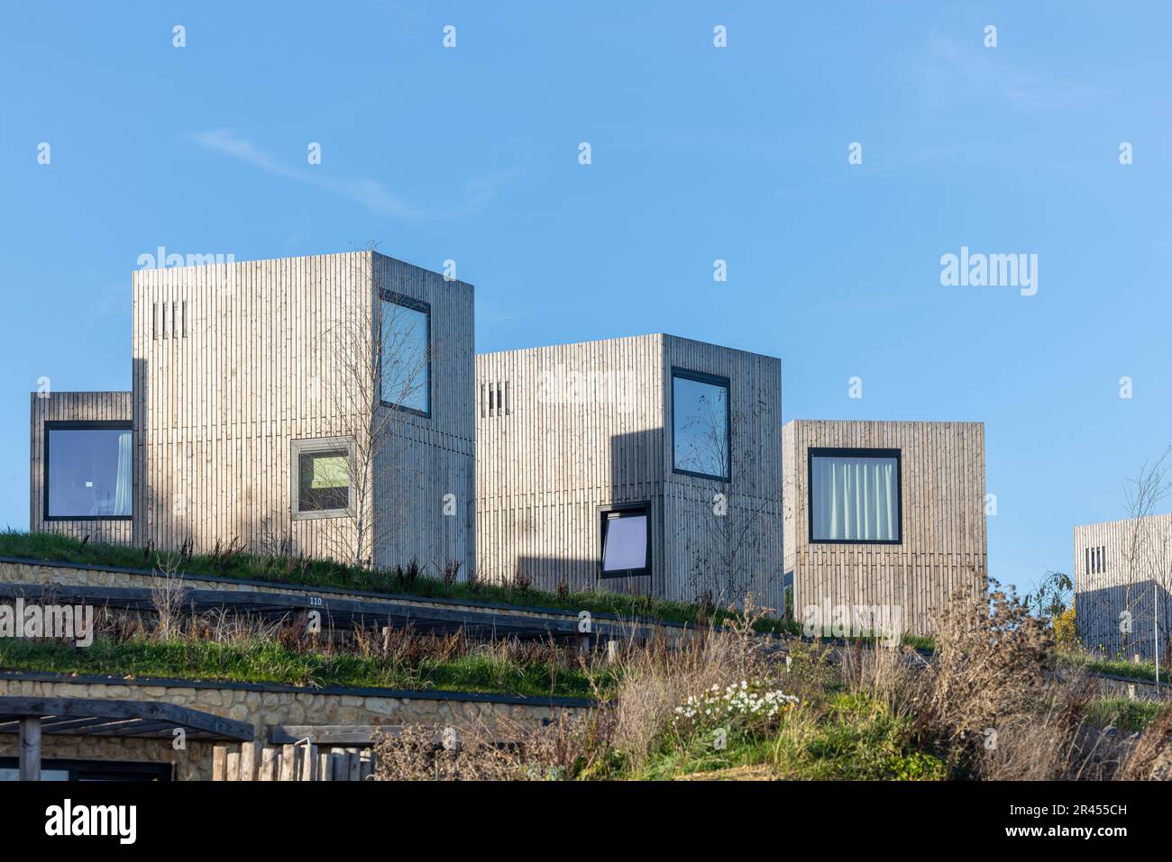 Three traditional vacation homes in Gulpen, Limburg, the Netherlands, set against a backdrop of rolling hills and lush green fields Stock Photo