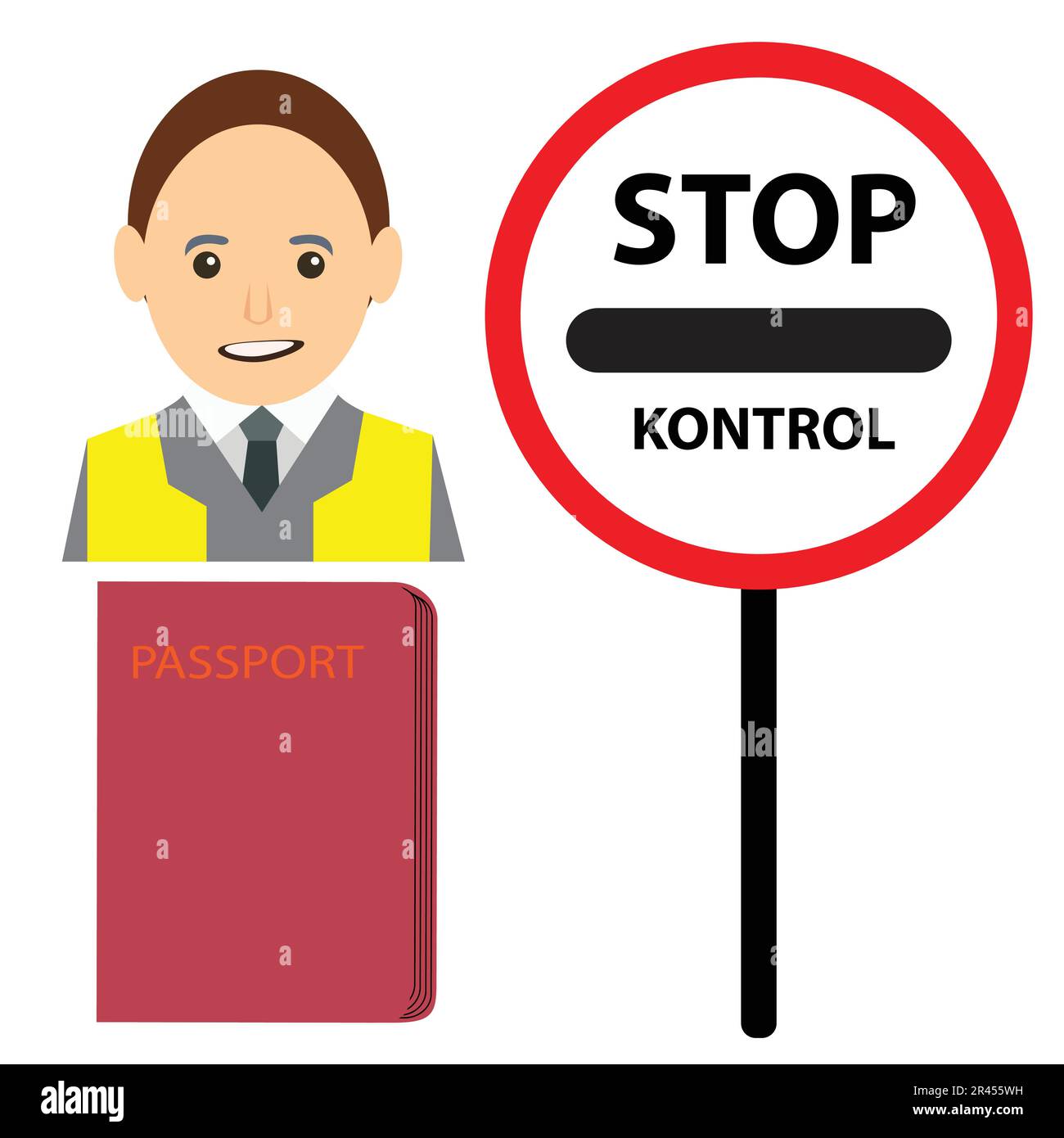 EU border sign with the text Stop Kontrol with custom officer and passport Stock Vector