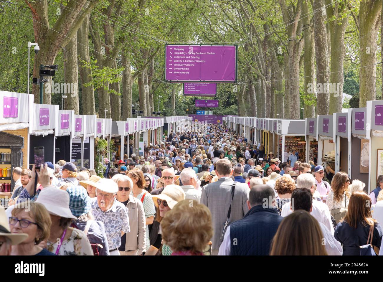 Crowds of people on the Avenue shopping at the stalls; Chelsea Flower Show 2023 an event on the British Social calendar, Chelsea London UK Stock Photo