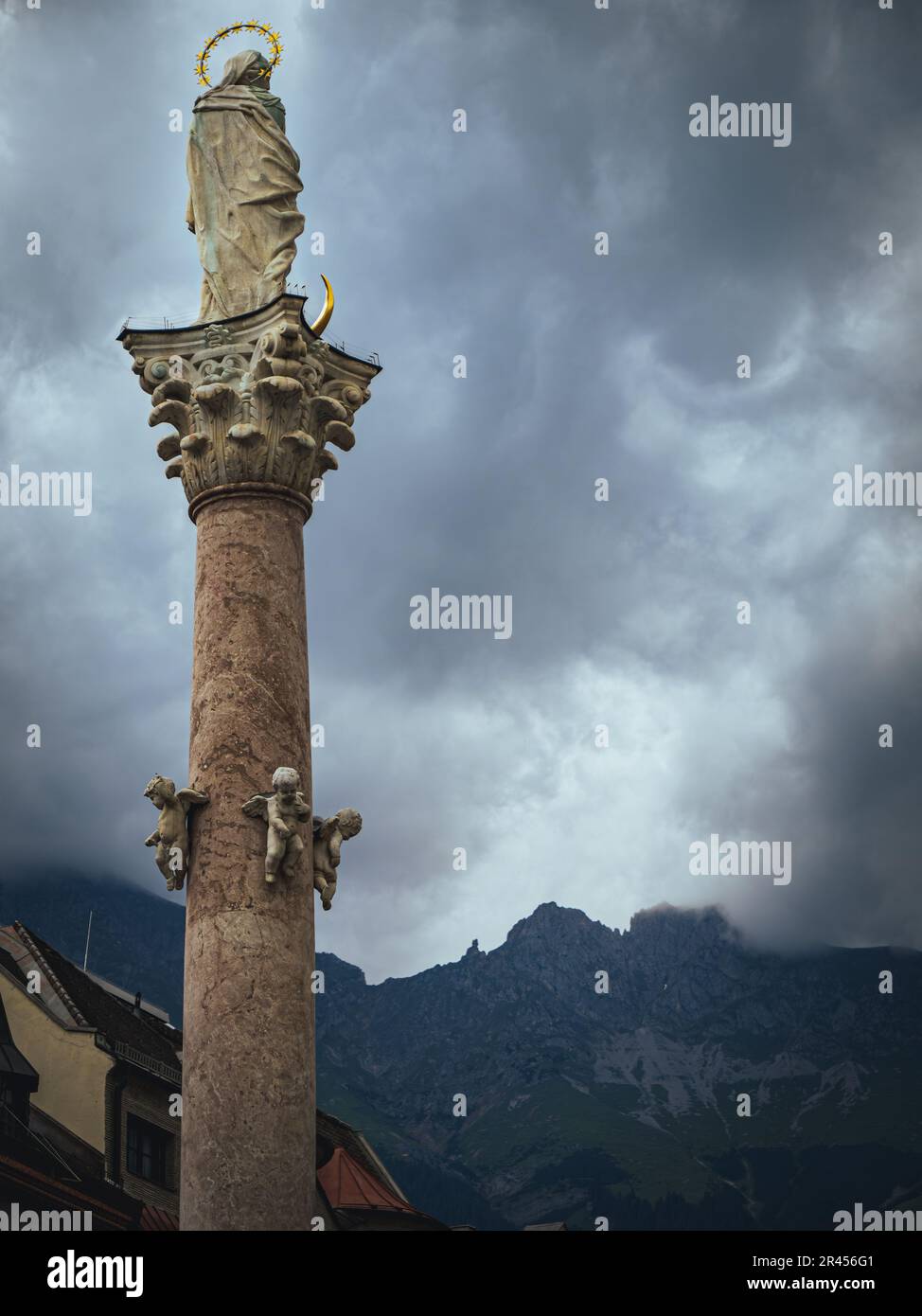Column statue of the Virgin Mary in Innsbruck, Tyrol, Austria, cloudy ...