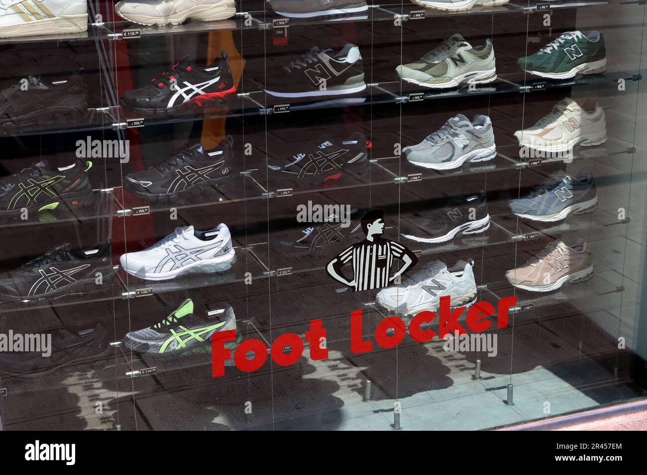 Showcase of a Foot Locker store. Foot Locker Retail, Inc. - US company specializing in the sale of sportswear and footwear Stock Photo