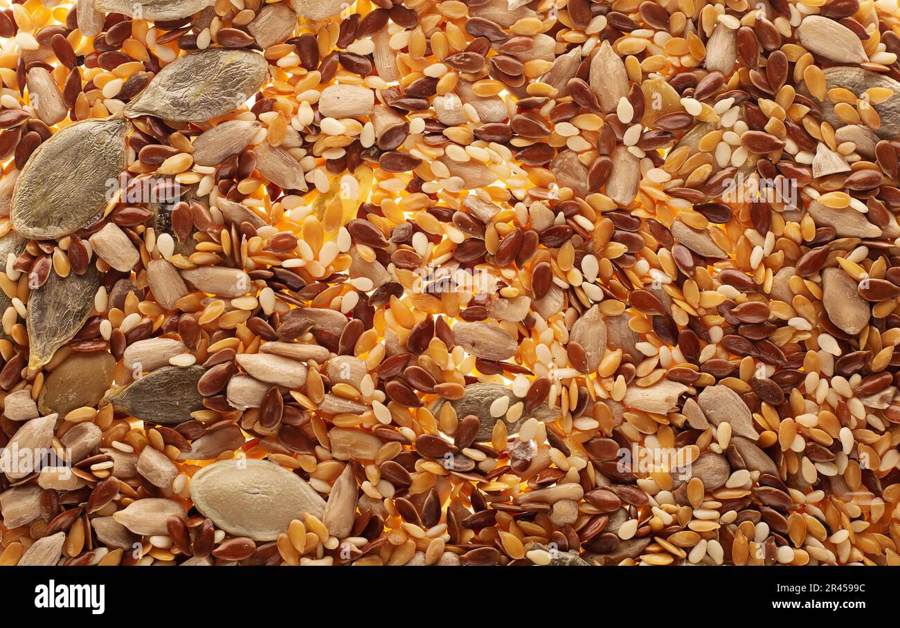 Seeds of different types flax, sesame seeds, sunflower seeds and