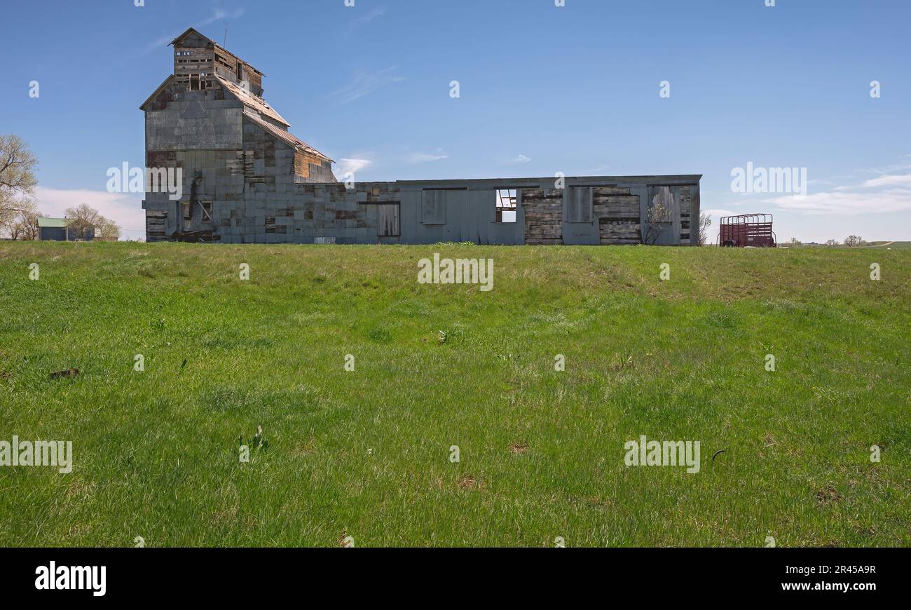 Abandoned wood and metal flour mill in the town of Newell, South Dakota