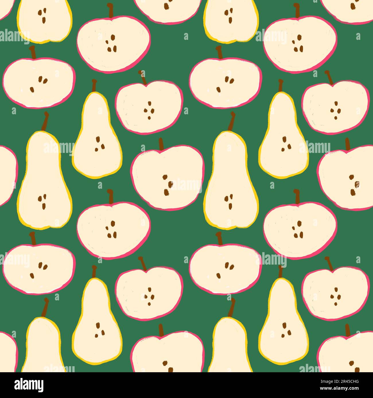Hand drawn seamless pattern with apples pears fruits on green ...