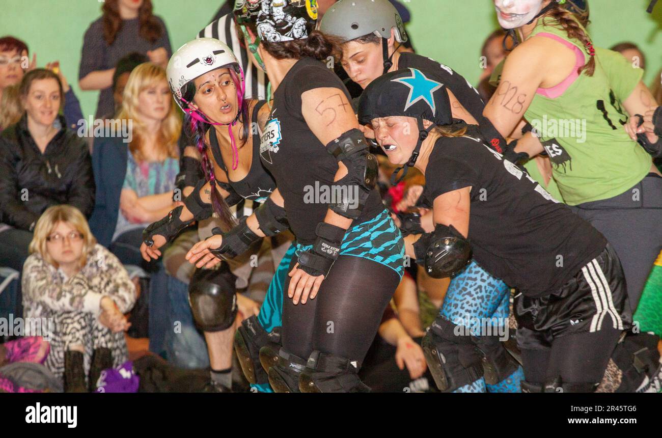 Brighton Rockers jammer competing a a roller derby bout in Cambridge