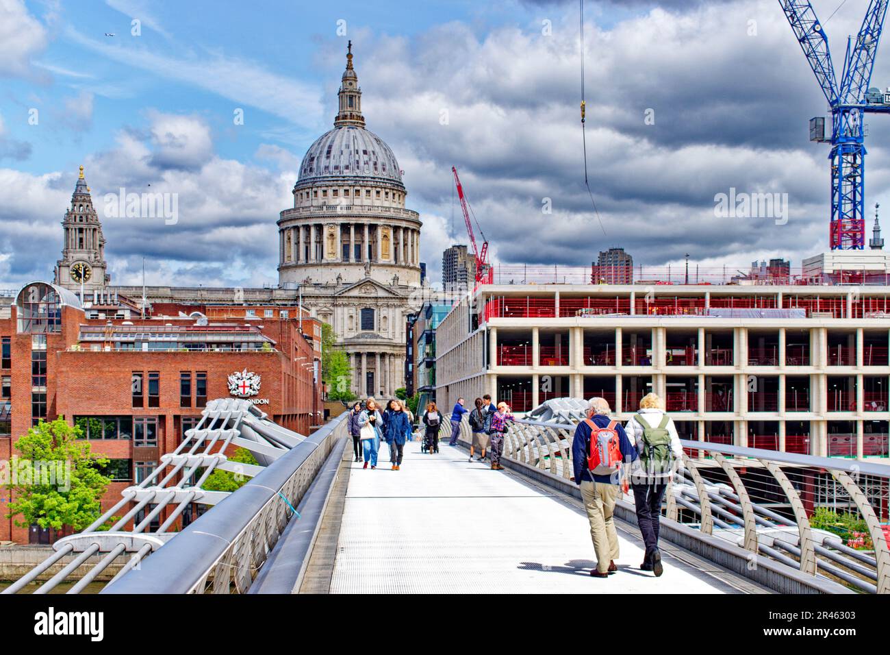 London St Pauls Cathedral the Millennium Footbridge City of London School and new building construction Stock Photo