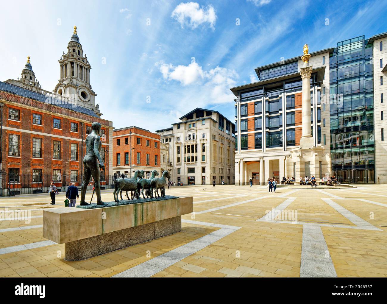 London St Pauls Paternoster Square with Shepherd and Sheep sculpture by Dame Elisabeth Frink Stock Photo