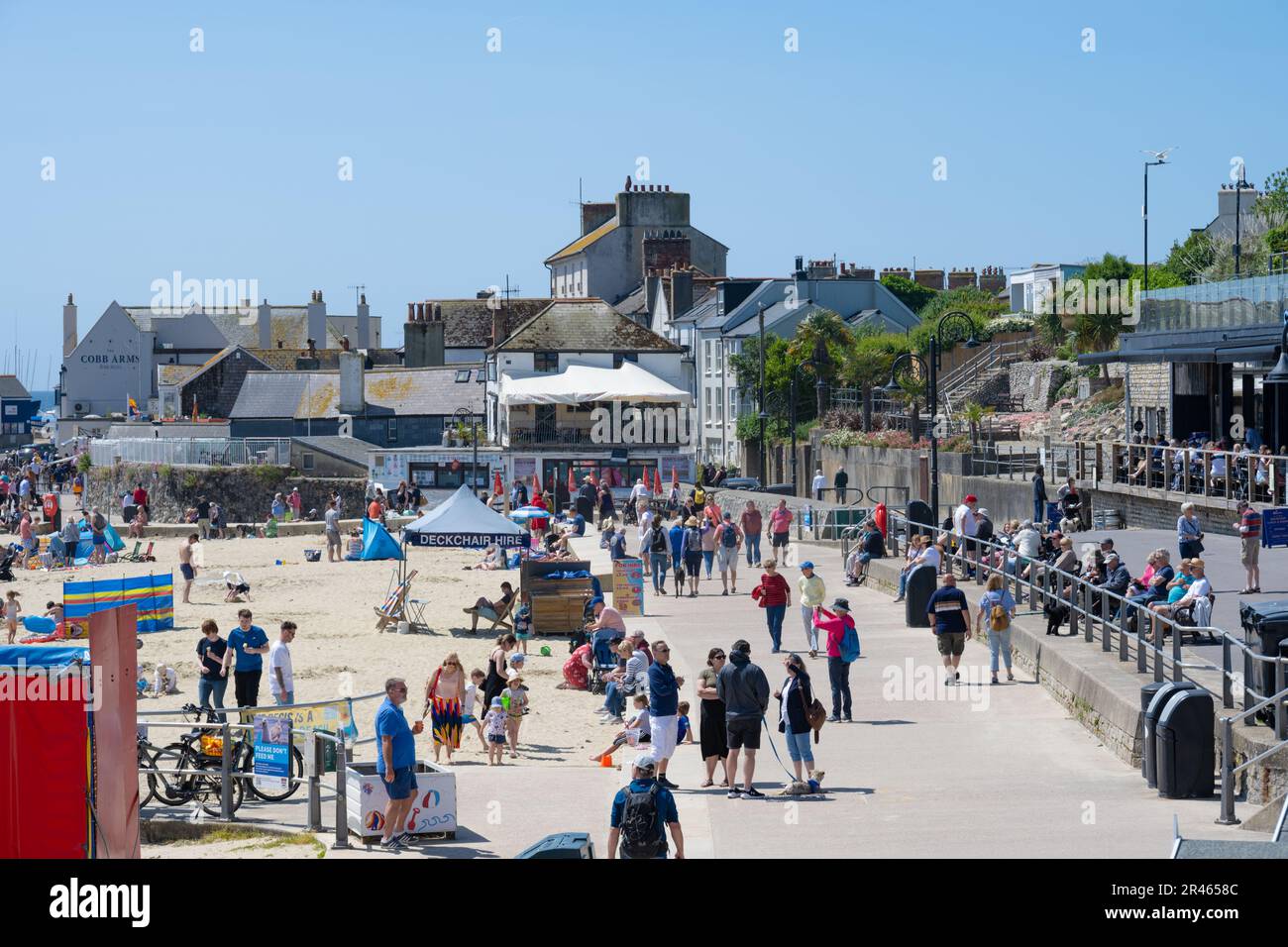Lyme Regis, Dorset, UK. 25th May, 2023. UK Weather: Glorious hot sunshine and clear blue skies kick off the Bank Holiday weekend at the seaside resort of Lyme Regis. The weather is set to be hot and sunny for the weekend as the UK enjoys the first mini heatwave of the year as the summer holiday season gets underway . Credit: Celia McMahon/Alamy Live News Stock Photo
