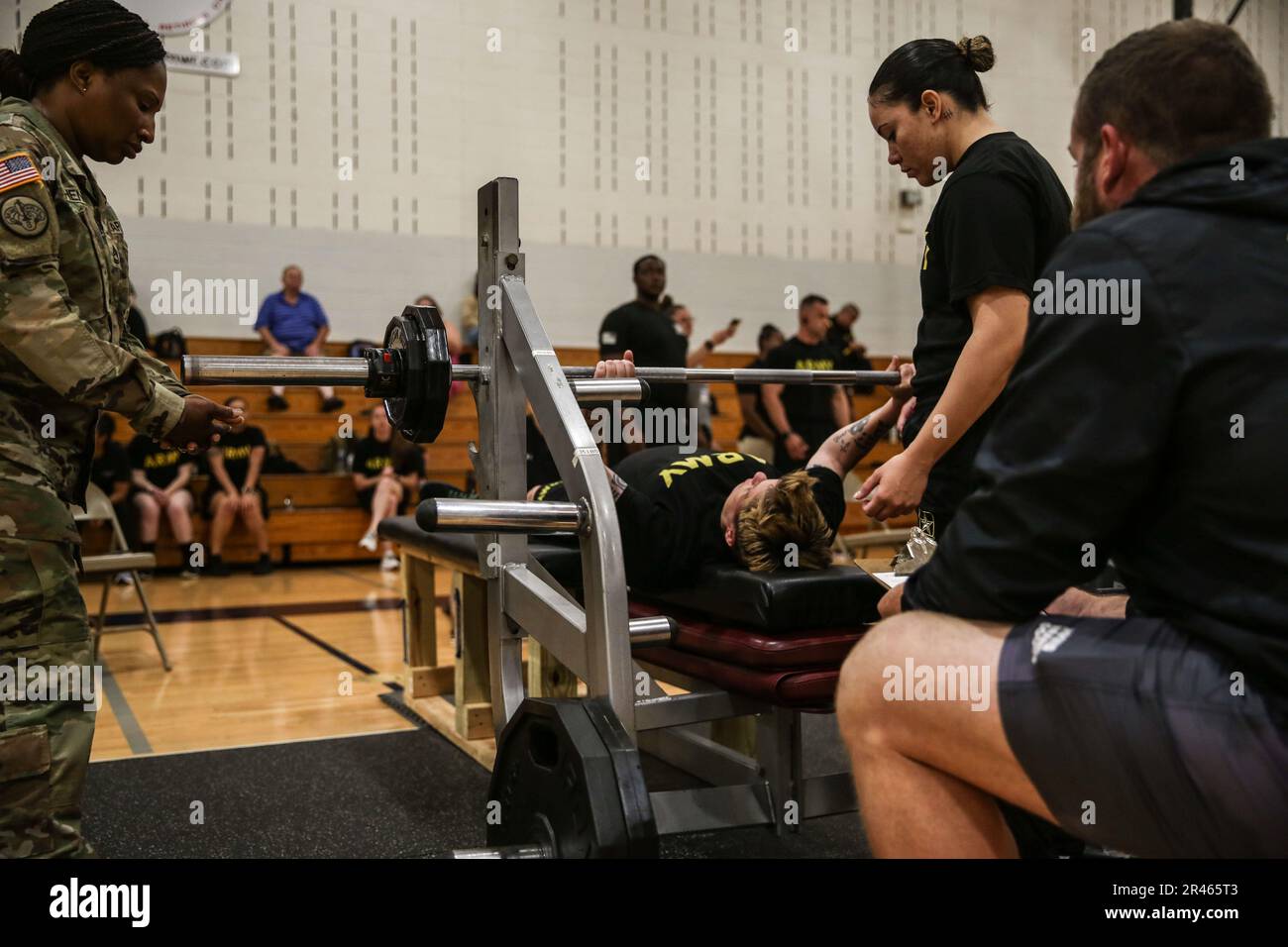 U.S. Army Staff Sgt. Stacy Englert, bench pressing during the U.S. Army Adaptive Sports Camp at Fort Bragg, North Carolina, April 1, 2023. Over 70 wounded, ill and injured Soldiers are training in a series of athletic events including archery, cycling, shooting, sitting volleyball, swimming, powerlifting, track, field, rowing, and wheelchair basketball. The Adaptive Sports Camp celebrates wounded, ill, and injured Soldiers ability to recover and overcome. The Army Holds qualifying trials for Active Duty, wounded, ill, or injured Soldiers to assess and select athletes for competition in the DoD Stock Photo