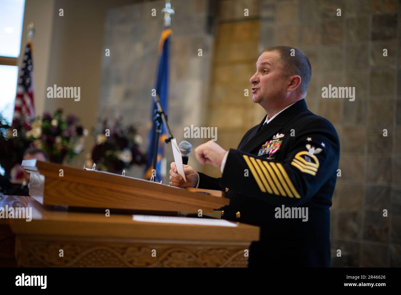230331-N-XP477-1342 SAN DIEGO (March 31, 2023) – Master Chief Operations Specialist Kermit L. Pollard gives remarks during his retirement ceremony at the Murphy Canyon, March 31, 2023. Pollard is retiring after 27 years of dedicated service to the U.S. Navy. Stock Photo
