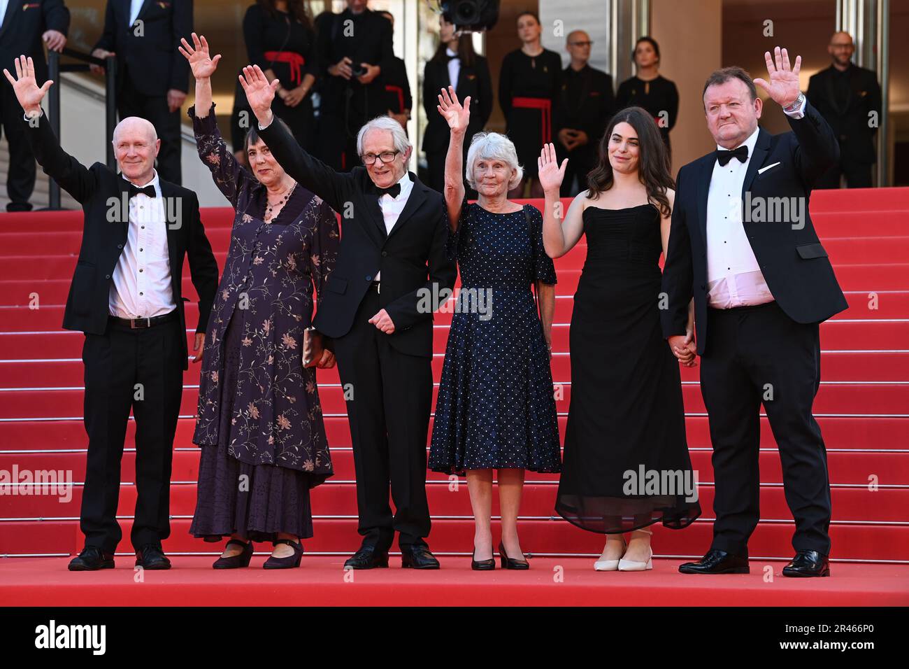 (left to right) Paul Laverty, Rebecca O'Brien, Ken Loach, Lesley Ashton, Ebla Mari and Dave Turner attending the Old Oak premiere during the 76th Cannes Film Festival in Cannes, France. Picture date: Friday May 26, 2023. Photo credit should read: Doug Peters/PA Wire Stock Photo