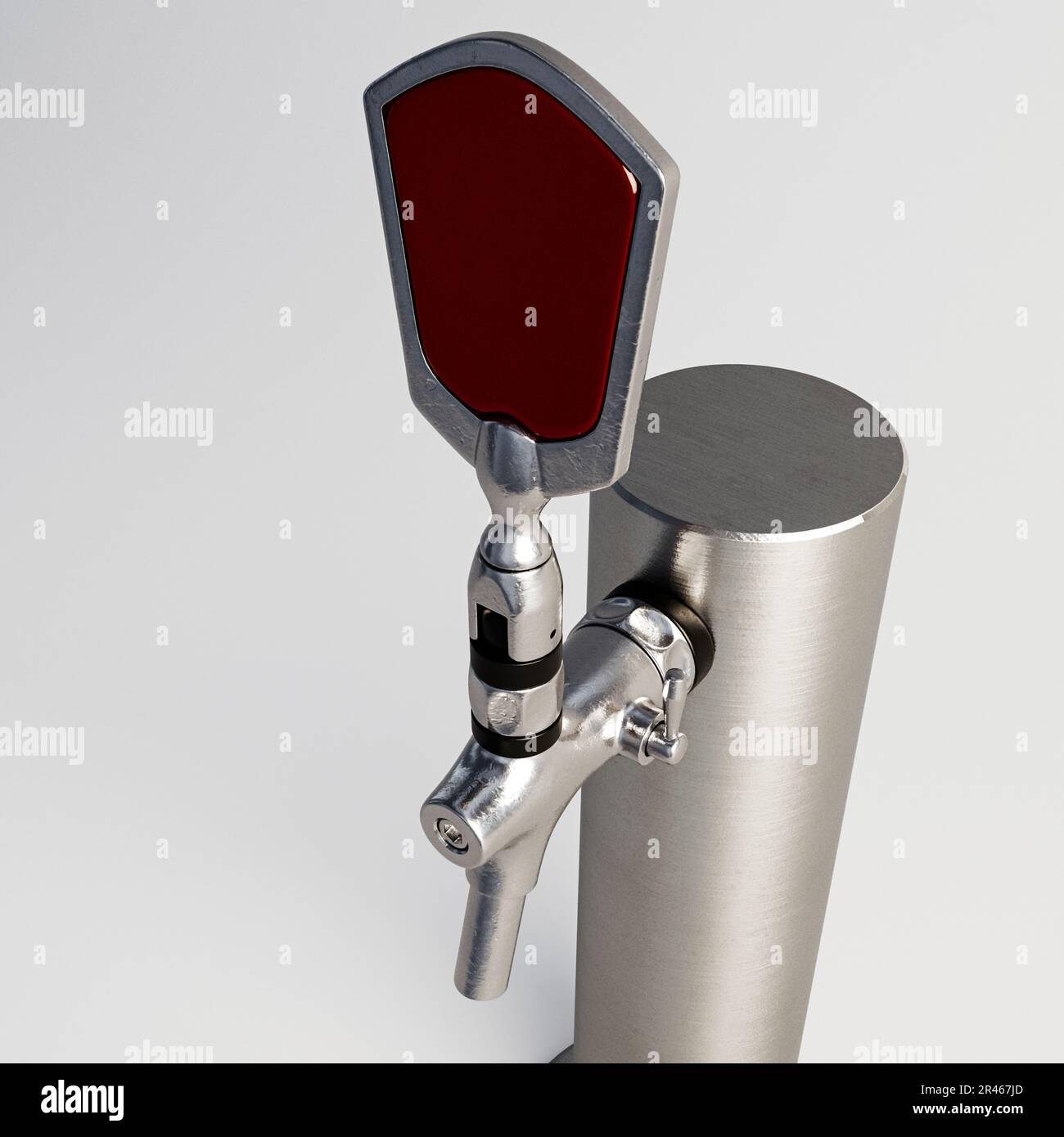 A concept draught beer tap made of a cylindrical shape with steel fittings on an isolated white background - 3D render Stock Photo